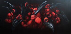 Galeria Wiele Sztuki, duży obraz olejny autorstwa Barbary Kuchnowskiej przedstawiający grupę dzioborożców, zagrożonych wyginięciem ptaków egzotycznych.