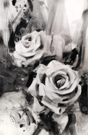 Rysunek węglem na papierze autorstwa Kariny Jaźwińskiej. Ekspresyjne studium kwiatów w odcieniach czerni i szarości, charakteryzujące się dynamicznymi pociągnięciami węgla. Współczesny rysunek figuralny, dostępny w ofercie internetowej galerii sztuki Galeria Wiele Sztuki.