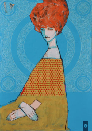 Obraz warszawskiego malarza Michała Wareckiego. Obraz przedstawia kobietę z charakterystyczną, bujną, rudą fryzurą. Jej twarz jest zwrócona wprost do widza, a wyraźne oczy zdają się wpatrywać bezpośrednio w nas. Tło obrazu jest intensywnie niebieskie i pokryte delikatnymi, ornamentowymi wzorami, które nadają mu nieco gotyckiego charakteru. Kontrastuje ono z żywą kolorystyką postaci kobiety.