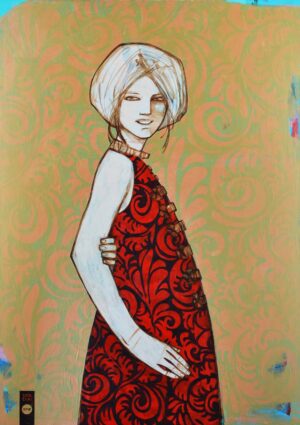 Obraz Michała Wareckiego - portret młodej kobiety, przedstawionej na wzorzystym tle w odcieniach zieleni i pomarańczy. Modelka ubrana jest w ciemno granatową, prawie czarną sukienkę pokrytą geometrycznymi i florystycznymi wzorami w kolorze intensywnej czerwieni. Wzory sukienki i tła są prawie identyczne, różnią się od siebie tylko kolorami. Cała postać kobiety jest ustawiona do widza bokiem, podczas gdy twarz jest przedstawiona z przodu.