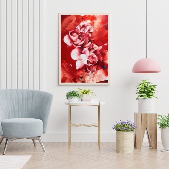 Galeria Wiele Sztuki, obraz olejny przedstawiający piękne, czerwone pąki kwiatów.