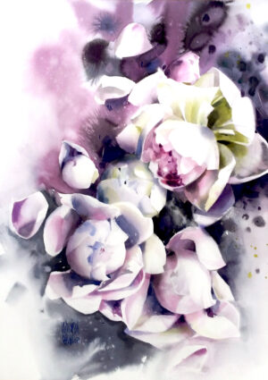 Galeria Wiele Sztuki, piękna akwarela w delikatnych kolorach przedstawiająca kwiaty