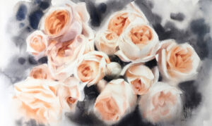 Galeria Wiele Sztuki, piękna i delikatna akwarela przedstawiająca bukiet herbacianych róż