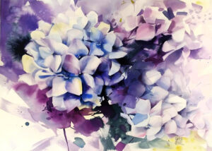 Galeria Wiele Sztuki, piękna i delikatna akwarela przedstawiająca kwiaty hortensji