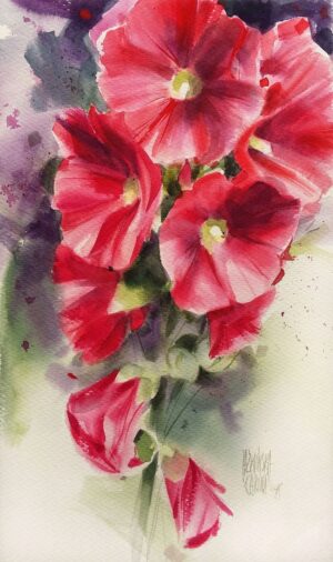 Galeria Wiele Sztuki, akwarela przedstawiająca piękne, czerwone kwiaty malwy.