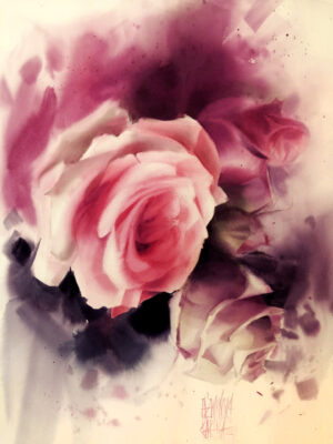 Galeria Wiele Sztuki, delikatna i piękna akwarela przedstawiająca kwiat róży
