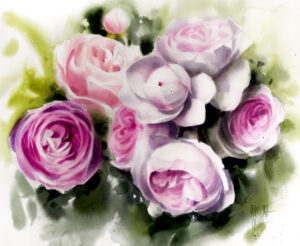 Galeria wiele Sztuki, piękna i subtelna akwarela przedstawiająca bukiecik różowych piwonii