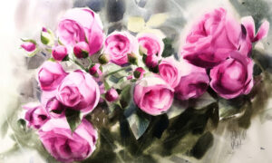 Galeria Wiele Sztuki, subtelna akwarela przedstawiająca bukiet różowych róż.