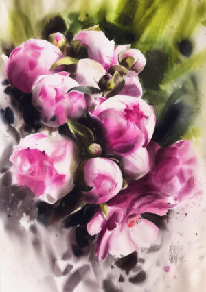 Galeria Wiele Sztuki, piękna i delikatna akwarela przedstawiająca bukiet różowych piwonii