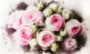 Galeria Wiele Sztuki, delikatna i piękna akwarela przedstawiająca bukiet róż