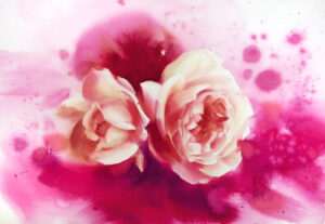 Galeria Wiele Sztuki, piękna i delikatna akwarela przedstawiająca róże herbaciane