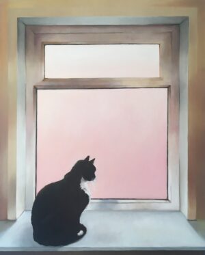 Galeria Wiele Sztuki, obraz olejny autorstwa Marty Sobierajskiej pod tytułem W Manchesterze, przedstawiający kota siedzącego na parapecie okiennym