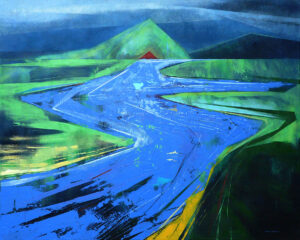 Obraz Marty Bileckiej przedstawia abstrakcyjny pejzaż, w którym dominują żywioły natury: woda, ziemia i niebo. Choć artystka nie przedstawiła konkretnego miejsca, atmosfera obrazu jest niezwykle sugestywna i przywołuje na myśl spokojne, niemalże mistyczne krajobrazy. Kompozycja obrazu jest dynamiczna i pełna ruchu. Wężowata rzeka przecina płótno, tworząc wyraźną oś kompozycji. Jej błękitny kolor kontrastuje z zielenią otaczających ją wzgórz, tworząc harmonijną całość. Na horyzoncie widoczna jest niewielka, czerwona budowla, która przyciąga wzrok i dodaje obrazowi głębi.