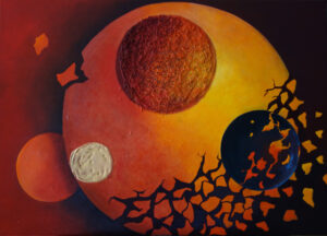 Galeria Wiele Sztuki, obraz Anny Stawowczyk 'Nie tylko California' – dynamiczna abstrakcja, olej na płótnie i technika własna, z roku 2020. Dzieło o wymiarach 70x50 cm charakteryzuje się intensywnymi odcieniami czerwieni, pomarańczy i czerni, przedstawiając sferyczne kształty i pęknięcia, sugerujące ruch i transformację. Idealny dla kolekcjonerów sztuki współczesnej, poszukujących oryginalnych obrazów abstrakcyjnych, malarstwa Anny Stawowczyk, lub unikalnych dzieł sztuki do wystroju wnętrz.