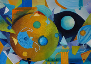 Galeria Wiele Sztuki, obraz Anny Stawowczyk 'Przepraszam, którędy do morza? Bałtyk 2020' – oryginalne dzieło sztuki współczesnej, olej na płótnie z elementami plastikowymi. Abstrakcyjna kompozycja w żywych kolorach: żółciach, błękitach, pomarańczach i zieleni, przedstawiająca geometryczne kształty i okręgi. Obraz o wymiarach 70x50 cm z 2020 roku. Idealny dla miłośników unikatowej sztuki, szukających obrazów na sprzedaż online, dzieł z elementami recyklingu, czy nowoczesnego malarstwa do salonu.