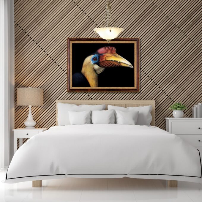 Galeria Wiele Sztuki, obraz olejny przedstawiający dzioborożca, wizualizacja na ścianie sypialni nad łóżkiem