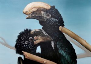 Obraz olejny Barbary Kuchnowskiej przedstawiający parę dzioborożców srebrnolicych. Realistyczne malarstwo animalistyczne ukazujące dwa egzotyczne, zagrożone wyginięciem ptaki siedzące na gałęziach na tle błękitnego nieba. Dostępny w ofercie internetowej galerii sztuki Galeria Wiele Sztuki.