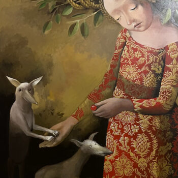 Obraz olejny Katarzyny Słowiańskiej-Kucz „Karmienie II” - baśniowa scena z kobietą i zwierzętami. Unikatowa polska sztuka współczesna. Dostępny w Galerii Wiele Sztuki.