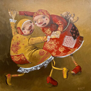 Obraz olejny Katarzyny Słowiańskiej-Kucz „Koronki II” - zabawna scena figuratywna. Unikatowa sztuka współczesna. Dostępny w Galerii Wiele Sztuki.