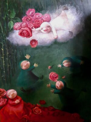 Obraz olejny Katarzyny Słowiańskiej-Kucz „Bez tytułu II” - zabawna , bajkowa scena figuratywna z różami i tańczącymi ludzikami. Unikatowa sztuka współczesna. Dostępny w Galerii Wiele Sztuki.