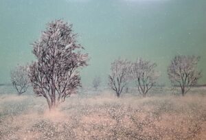 Jacek Malinowski 'Inverno III' (Zima III) – oryginalny obraz akrylowy na płótnie, 90x130 cm. Współczesny zimowy pejzaż z drzewami i polami. Dostępny w Galerii Wiele Sztuki. Sztuka współczesna, malarstwo polskie, pejzaż, kupuj sztukę on-line.