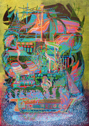 Galeria Wiele Sztuki, kolorowa grafika Karola Lewalskiego wykonana w technice linorytu traconego przedstawiająca statek w różnych stylach, polska sztuka współczesna, najlepsze polskie grafiki