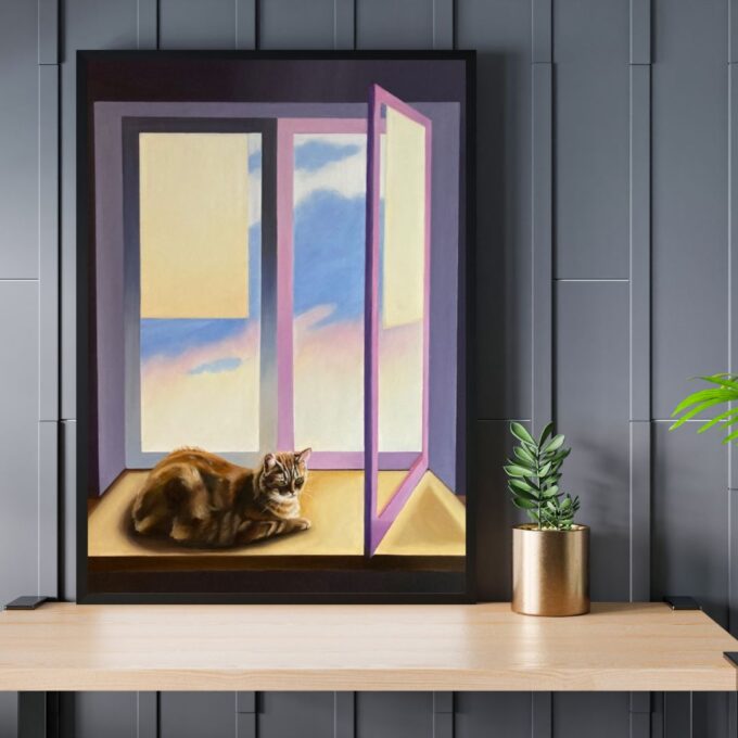 Galeria Wiele Sztuki, obraz olejny, Kot, wizualizacja obrazu stojącego na półce i opartego o ścianę.