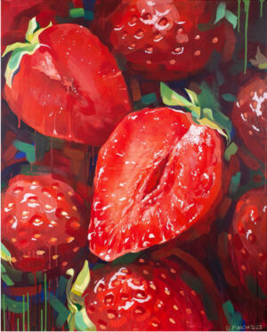 Akrylowy obraz współczesnej artystki O. Mahovej z 2022 roku. Dynamiczne pociągnięcia pędzla tworzą iluzję soczystych, dojrzałych truskawek, które zdają się spływać z płótna. Dominują intensywne kolory czerwieni i zieleni, które tworzą żywy kontrast. Obraz jest dostępny w Galerii Wiele Sztuki.