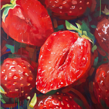 Akrylowy obraz współczesnej artystki O. Mahovej z 2022 roku. Dynamiczne pociągnięcia pędzla tworzą iluzję soczystych, dojrzałych truskawek, które zdają się spływać z płótna. Dominują intensywne kolory czerwieni i zieleni, które tworzą żywy kontrast. Obraz jest dostępny w Galerii Wiele Sztuki.