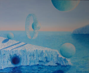 Obraz olejny „Bezszelestnie” autorstwa Anny Stawowczyk, dostępny w Galerii Wiele Sztuki. Nowoczesne malarstwo polskie przedstawiające surrealistyczny, błękitny pejzaż morski z pływającymi sferami i geometrycznymi kształtami, lodową formacją skalną i odbiciami światła. Abstrakcja, sztuka współczesna, dzieło z 2023 roku, idealne dla kolekcjonerów poszukujących unikalnego malarstwa