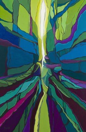 Obraz akrylowy Katarzyny Poszwińskiej przedstawiający abstrakcyjno-surrealistyczny pejzaż 