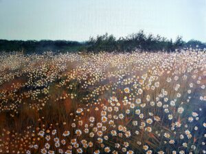 Jacek Malinowski 'Paessagio' – oryginalny obraz akrylowy na płótnie, 40x30 cm. Współczesny pejzaż przedstawiający pole kwiatów. Dostępny w Galerii Wiele Sztuki. Sztuka współczesna, malarstwo polskie, pejzaż, kupuj sztukę on-line.