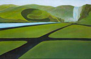 Akrylowy obraz, Katarzyna Poszwińska, obraz przedstawia typowy krajobraz Islandii, z rzeką, wzgórzami i wodospadem. Obraz jest dostępny w Galerii Wiele Sztuki.