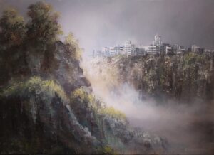 Galeria Wiele Sztuki, obraz akrylowy, pejzaż w stylu realizmu magicznego, przedstawiający na drugim bezludne ruiny tajemniczego miasta położone na wysokiej skale nad urwiskiem.