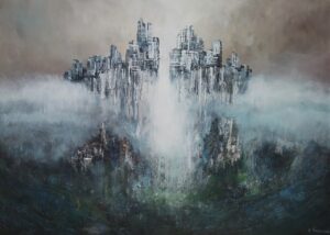 Galeria Wiele Sztuki, obraz akrylowy, pejzaż w stylu realizmu magicznego,, głęboki wąwóz z ruinami miasta na skale.