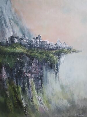 Galeria Wiele Sztuki, obraz akrylowy, pejzaż w stylu realizmu magicznego, bezludne ruiny tajemniczego miasta położone na wysokiej skale nad urwiskiem