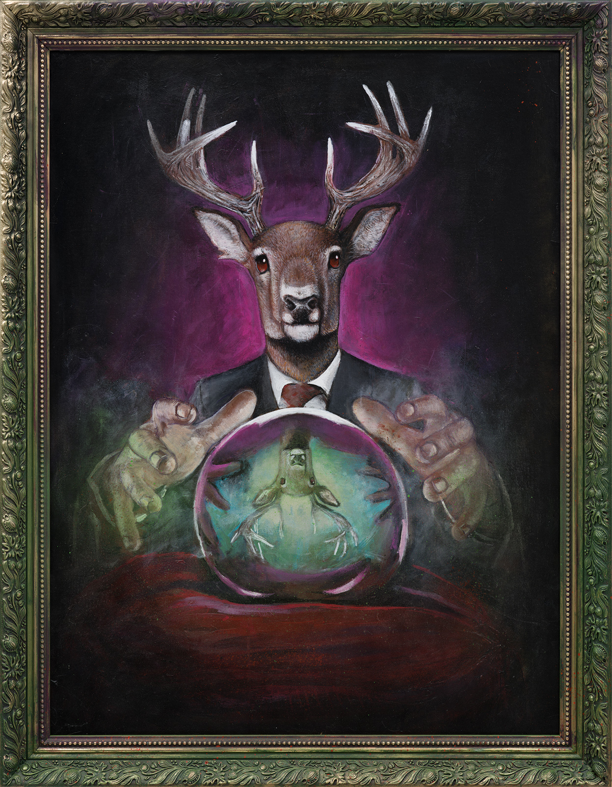 Galeria Wiele Sztuki, obraz Lecha Batora w technice mieszanej przedstawiający człowieka z głową jelenia trzymającego ręce nad kryształową kulą
