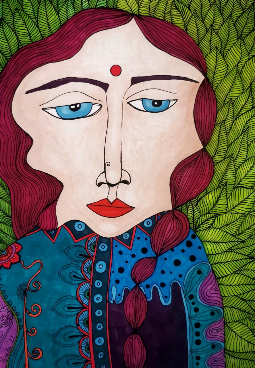 Galeria Wiele Sztuki, rysunek tuszem przedstawiający symboliczny portret kobiety