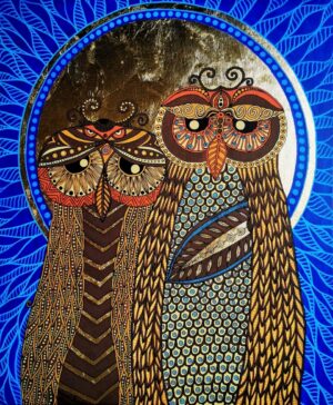 Galeria Wiele Sztuki, obraz akrylowy zdobiony szlagmetalem, przedstawiający sowy