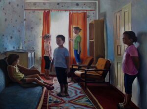 Galeria Wiele Sztuki, obraz olejny przedstawiający portret zbiorowy dzieci bawiących się w pokoju