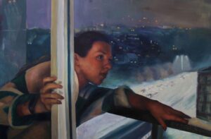 Galeria Wiele Sztuki, obraz olejny przedstawiający portret młodej dziewczyny wychylającej się przez okno