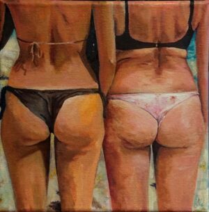 Galeria Wiele Sztuki, obraz olejny przedstawiający portret dwóch kobiet w kostiumach kąpielowych na plaży nad morzem.