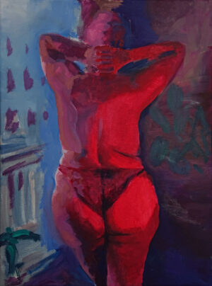 Galeria Wiele Sztuki, obraz olejny przedstawiający kobiecy akt, stojąca we wnętrzu sylwetka modelki jest ukazana od tyłu