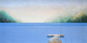 Galeria Wiele Sztuki, obraz akrylowy przedstawiający krajobraz nadmorski, pomost, morze i odległe góry