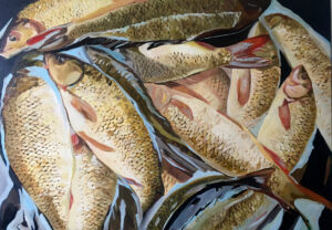 Galeria Wiele Sztuki, obraz olejny przedstawiający martwą naturę z karpiami