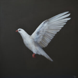 Galeria Wiele Sztuki, obraz w technice mieszanej (olej i akryl na płótnie) przedstawiający wzbijającego się w powietrze białego gołębia