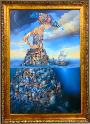 Galeria Wiele Sztuki, obraz olejny Tomasza Sętowskiego przedstawiający surrealistyczny portret kobiety-miasta