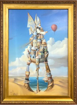 Galeria Wiele Sztuki, obraz olejny autorstwa Tomasza Sętowskiego pod nazwą Sky Painter przedstawiający olbrzymiego człowieka- miasto.