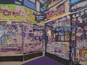 Galeria Wiele Sztuki, obraz Filipa Rzodkiewicza przedstawiający miejską architekturę - targowe hale mięsne.