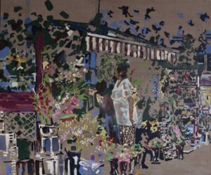 Galeria Wiele Sztuki, obraz Filipa Rzodkiewicza przedstawiający kobietę kupującą kwiaty na hali targowej. Współczesny pejzaż miejski.